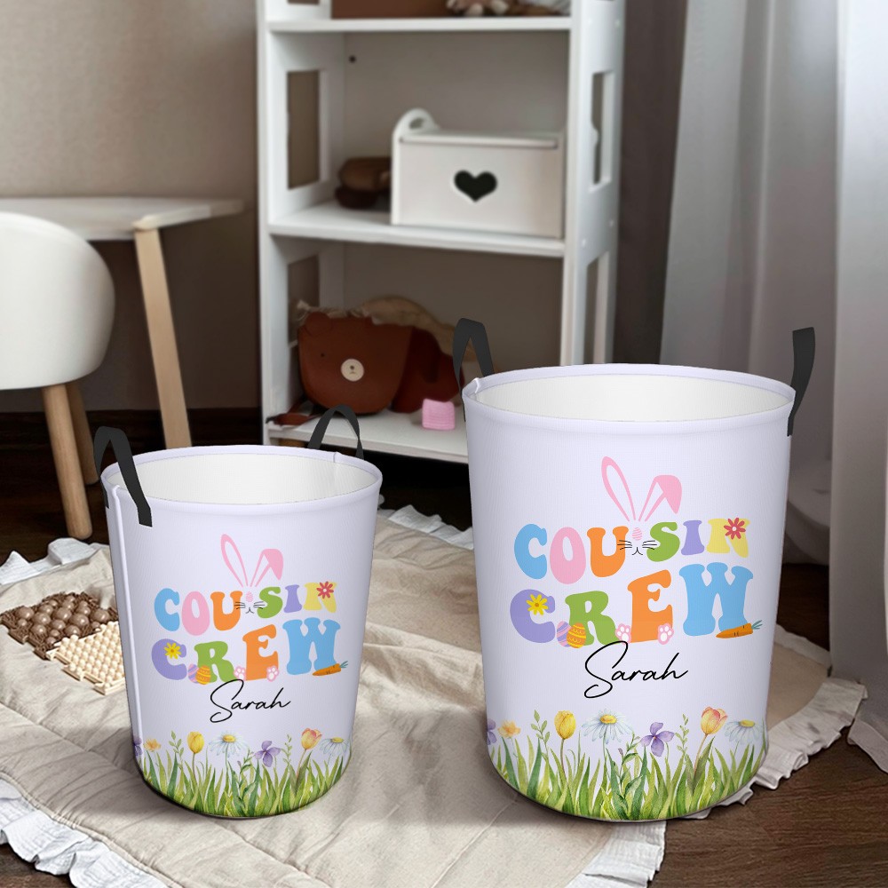 Personalized Cousin Crew Easter Laundry Basket Custom Name, Multicolor Durable Hamper for Clothes, Foldable Storage Bin for Family