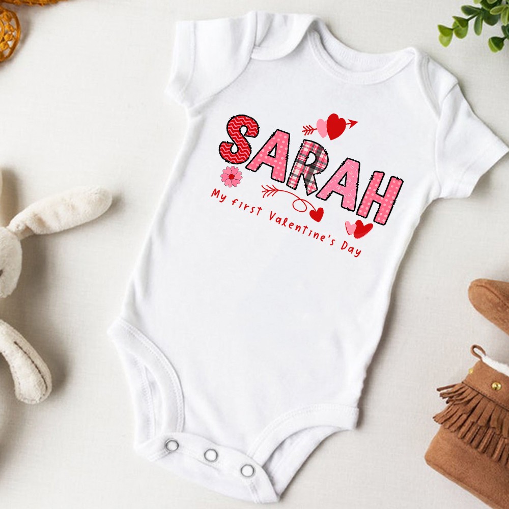 Personalized First Valentine's Day Long Short Sleeve Cotton Baby Onesie with Name, Cute Valentine's Day Gift for Newborn Infant Baby