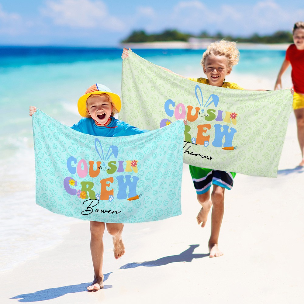 Personalized Cousin Crew Easter Beach Towel Custom Name, Multicolor Towel for Family and Kids