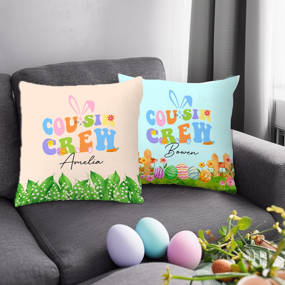 Personalized Cousin Crew Easter Pillow Custom Name, Soft Easter Throw Cushion for Family and Kids, Holiday Decor and Gift