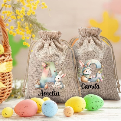 Personalized Initial & Name Watercolor Easter Bunny Burlap Bag, Custom Letter Easter Eggs Hunt Bag with Drawstring, Easter Gift for Kids/Boys/Girls