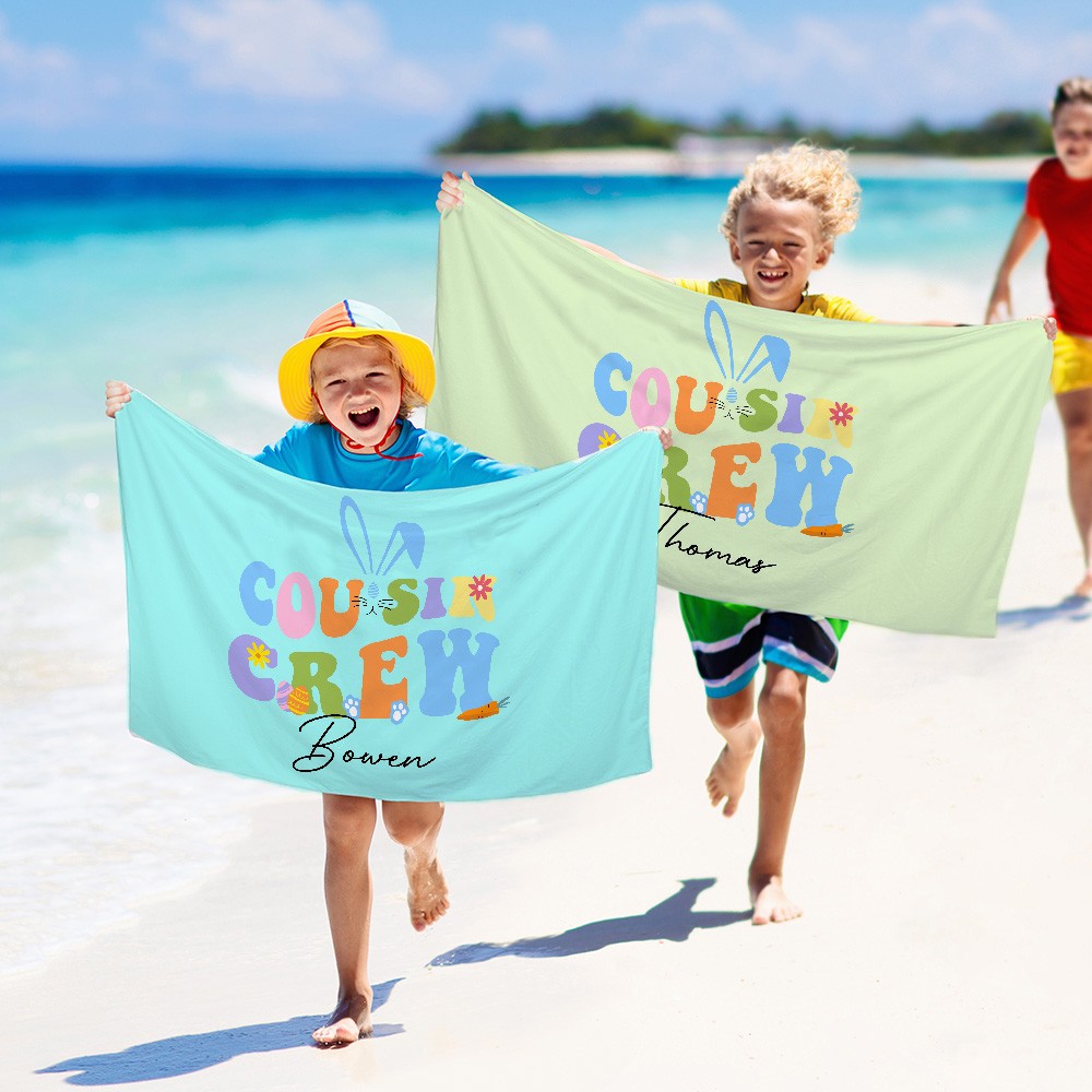 Personalized Cousin Crew Easter Beach Towel Custom Name, Multicolor Towel for Family and Kids