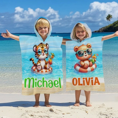 Personalized Name Cartoon Summer Animal Hooded Beach Towel, Quick Dry Microfiber Towel, Vacation/Beach/Pool Party Favor, Gift for Kids/Boys/Girls