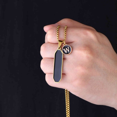Personalized Men's Initial Pendant Necklace, Non-Tarnish Rectangle Black Drop Pendant, Anniversary/Valentine's Day Gift for Him/Boyfriend/Husband