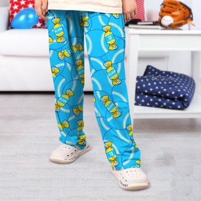 Personalized Candy Baseball Pajama Pants with Name & Number, Fun Sports Lounge Sleepwear, Soft Relax Fit, Gift for Baseball Fans/Sports Players