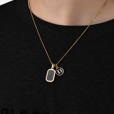 18k Gold Onyx Necklace Rec, 18K Gold Compass Necklace, Waterproof Necklace for Man, Stainless Steel Necklace, Gift For Man, Gift For Him