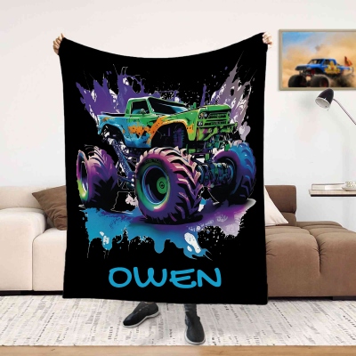 Personalized Name Monster Truck Blanket, Flannel/Sherpa Soft Bed Couch Throw, Bedroom Home Decor, Birthday/Christmas Gift for Kids/Teens/Boys
