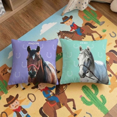 Personalized Name Horse Portrait Throw Pillow Cover, Pillowcase with Optional Insert, Home Decor, Birthday/Christmas Gift for Horse Lovers/Equestrians