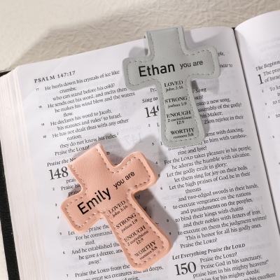 Custom Name Bible Verses Cross Shaped Leather Bookmark, Magnetic Christian Bookmark Clip, Baptism/Confirmation Gift for Book Lovers/Family/Friends