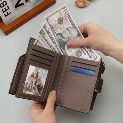 Personalized Foldable Photo Wallet with Name, Custom Vintage Leather Card Holder for Men, Father's Day/Birthday/Anniversary Gift for Dad/Boyfriend/Him