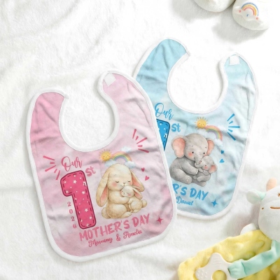 Custom Name & Year 1st Mother’s Day Animal Mama & Baby Design Cotton Bib, Baby Feeding Accessory, Baby Shower/Mother’s Day Gift for Newborns/New Mom