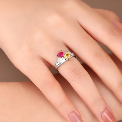Engraved Double Heart Birthstone Ring Sterling Silver