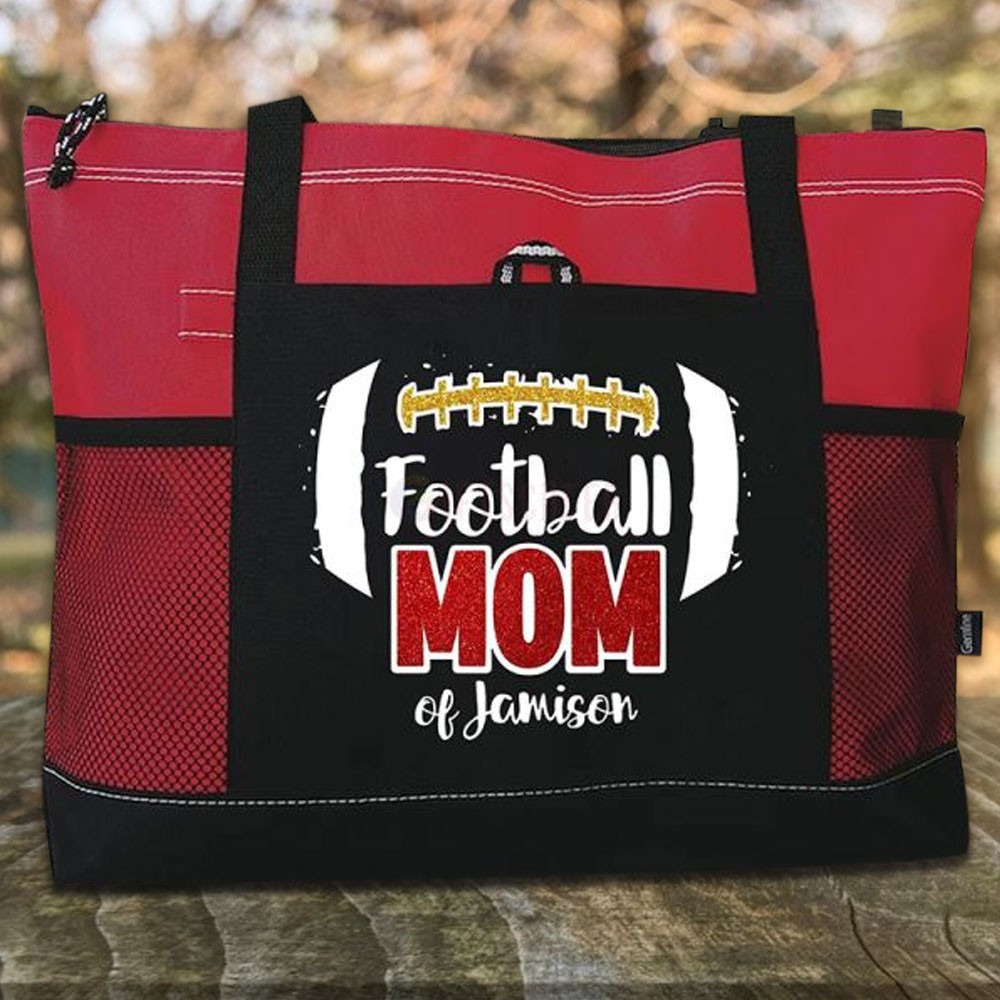 Personalized Glitter Football Mom Tote Bag, Mesh Tote Bag, Sports Keepsake, Travel Storage Bag