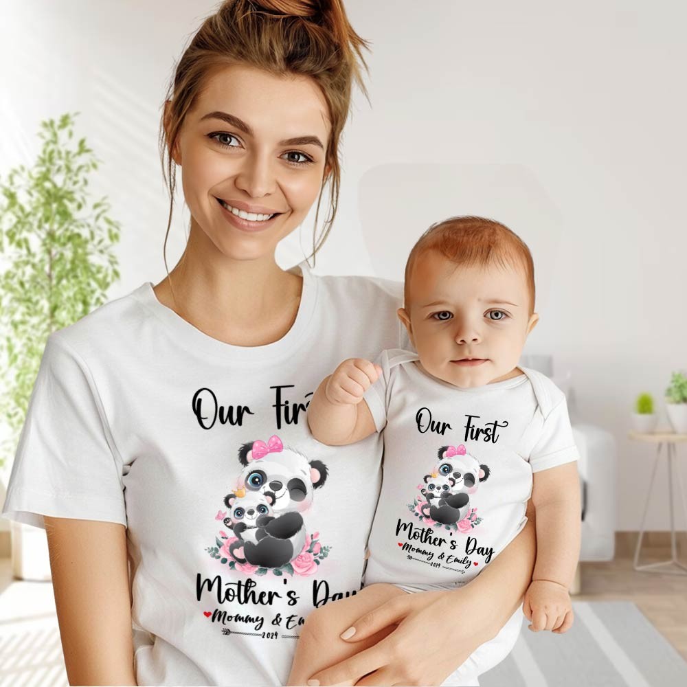Vårt första mors dag mamma och bebis set/matchande skjorta, mamma och bebis present, mamma bebis pandor, t-shirt Bodysuit Romper Babygrow väst set, ny mamma present, mors dag present