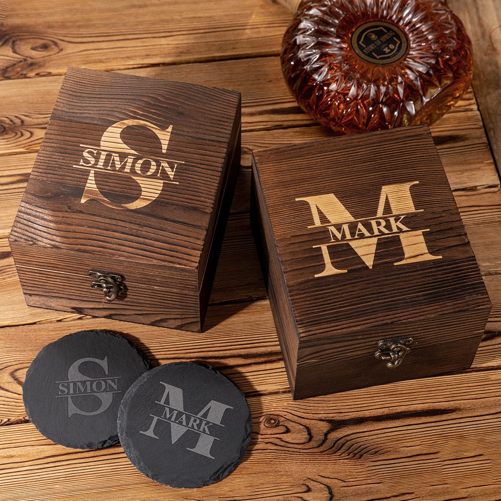 Personalized Engraved Monogram Whiskey Glass Set with Whiskey Stones and Wood Box, Alcohol Gift, Birthday Wedding Gift for Dad/Groomsmen/Whiskey Lover