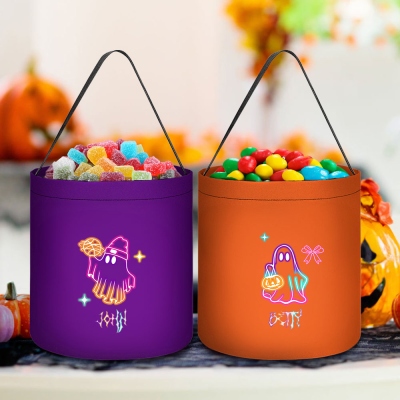 Personalized Name Neon Pumpkin Ghost Design Bucket, Kids Candy Bag, Trick or Treat Bucket with Handle, Party Favor, Halloween Gift for Kids/Teens