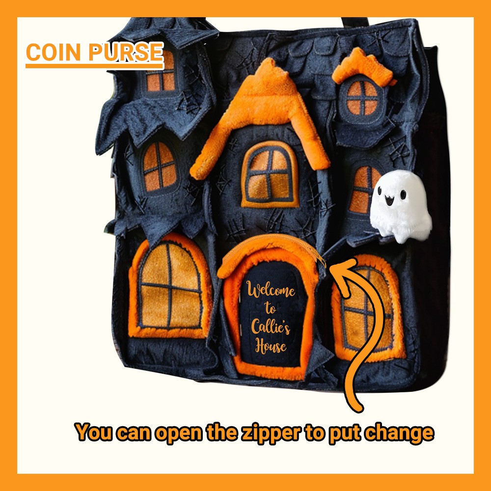 Personalized Halloween Accessories Cute Spooky House Tote Bag with Coin Purse and Plush Pendant Halloween Gift for Her Girls