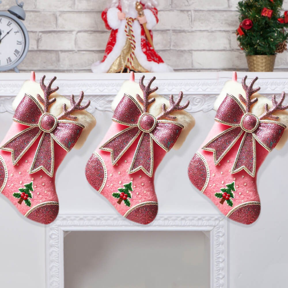 Pink Bow Reindeer Christmas Stocking, Perfect for Holiday Decorations