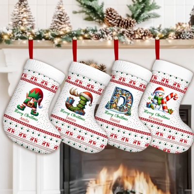 Personalized Name Initial Pattern Christmas Stocking, Elf/Tree/Snowman/House Letter Design Christmas Gift Bag, Christmas Gift for Friends/Family/Kids