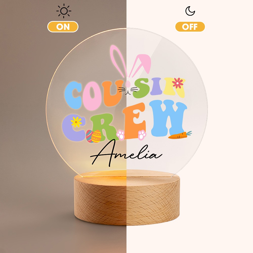 Customizable Easter Cousin Crew Night Light, Personalized LED Lamp with Names and Wooden Base