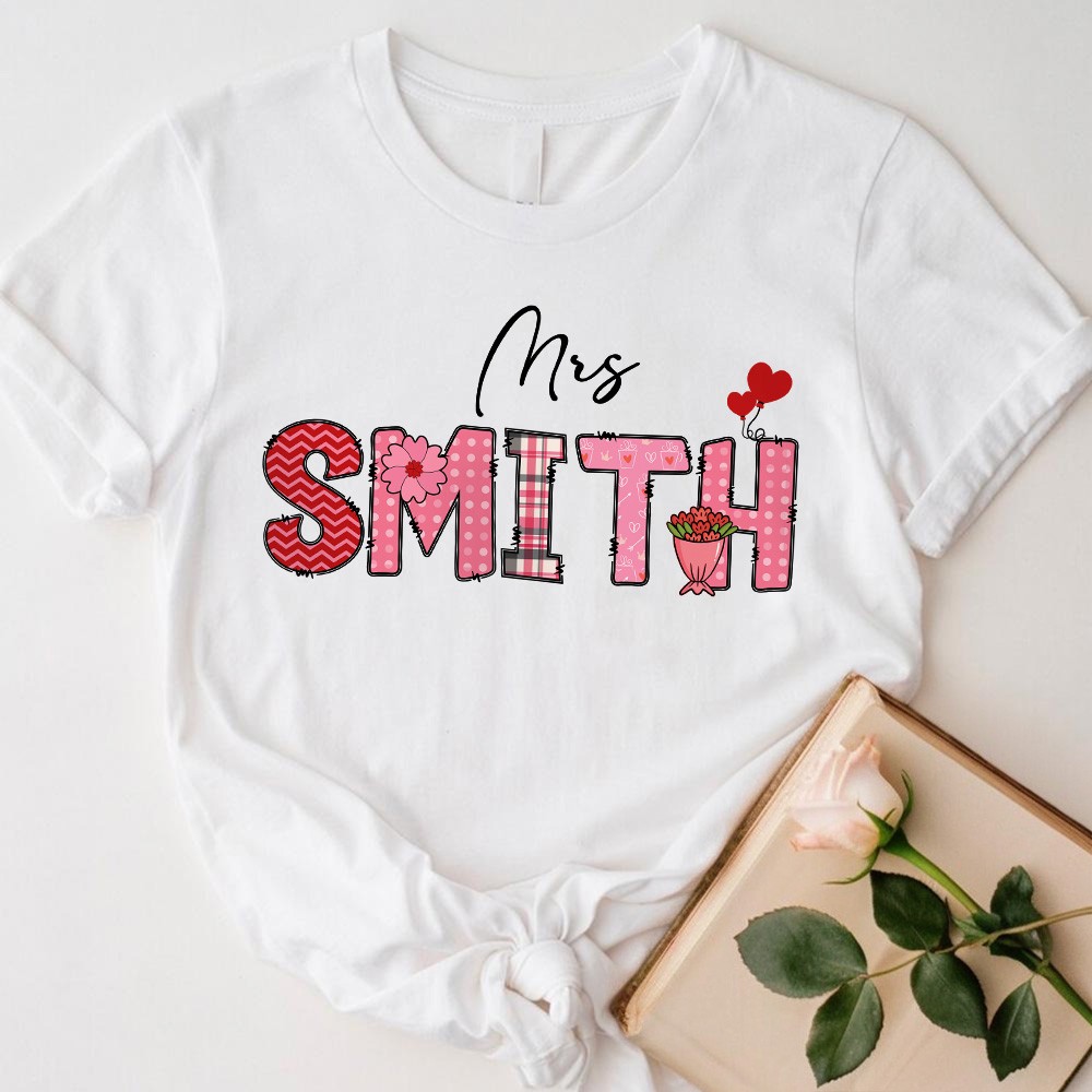 Customizable Name Teacher Valentine's Day T-Shirt and Sweatshirt, Personalized Love Heart Design Apparel for Educators, Cozy Gift for Teachers