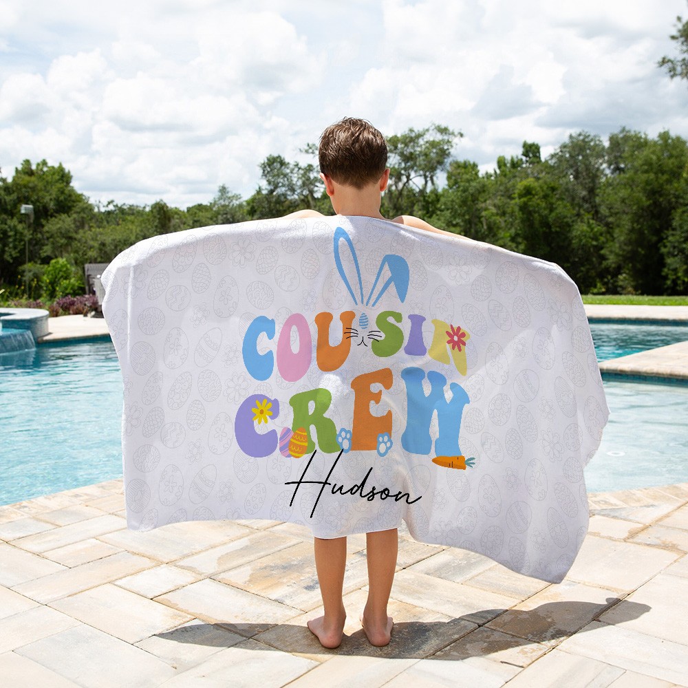 Personalized Cousin Crew Easter Beach Towel Custom Name, Multicolor Towel for Family and Kids