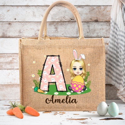 Personalized Cartoon Character Easter Jute Tote Bag with Alphabet, Reusable Burlap Tote Bag with Handle, Easter Gift Bag, Easter Gift for Kid/Adult