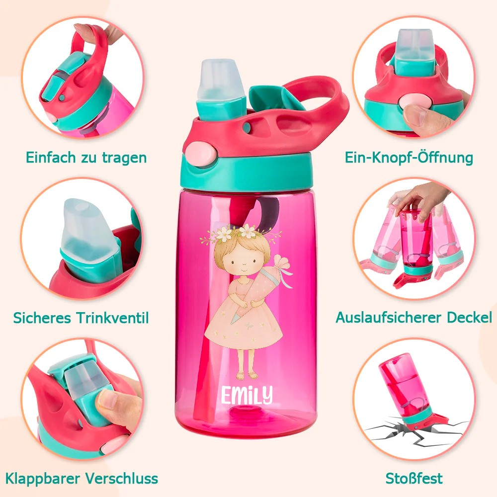 Personalisierte Kinder Wasserflasche 475 ml – BPA-frei, mit Strohhalm, Schultüte-Motiv, Verschiedene Farben und Figuren zur Auswahl, Mit Namensgravur, Schulanfang Geschenk für Jungen Mädchen