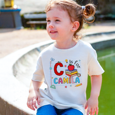 Custom Name Composition Book Kids Shirt with Alphabet, Cotton Pencil/Apple/Notebook Design T-shirt, First Day of School/Back To School Gift for Kids