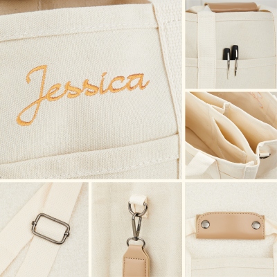 Personalized Embroidery Name Tote Bag, Canvas Multi-Pocket Large Capacity Crossbody Tote Bag, Nursing/Diaper/Shoulder Bag, Gift for Her/Mom/Women