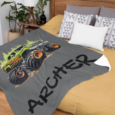 Personalized Name Monster Truck Blanket, Flannel/Sherpa Soft Bed Couch Throw, Bedroom Home Decor, Birthday/Christmas Gift for Kids/Teens/Boys