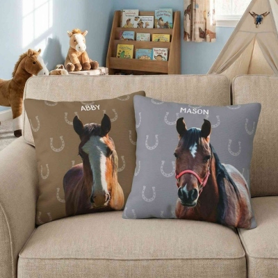 Personalized Name Horse Portrait Throw Pillow Cover, Pillowcase with Optional Insert, Home Decor, Birthday/Christmas Gift for Horse Lovers/Equestrians