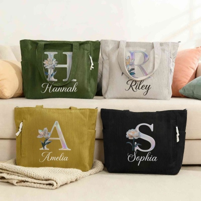 Custom Name Mother of Pearl Effect Initial Birth Flower Corduroy Tote Bag, Large Capacity Zippered Handbag with Side Pockets, Birthday Gift for Women