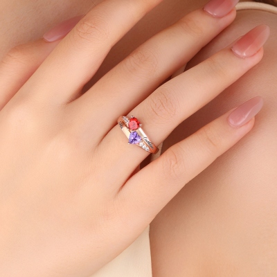 Engraved Double Heart Birthstone Ring Sterling Silver