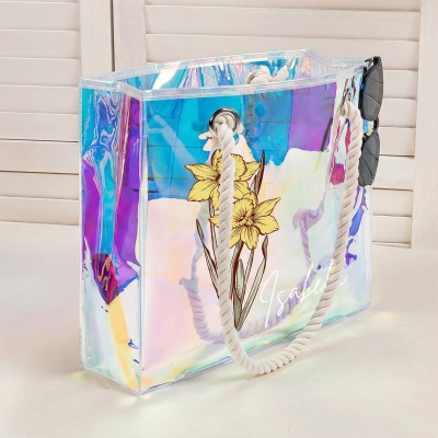 Custom Name Birth Flower Neon Color Tote Bag, Transparent PVC Beach Bag with Rope Handles, Bridal Shower Favor, Vacation/Birthday Gift for Women/Girls