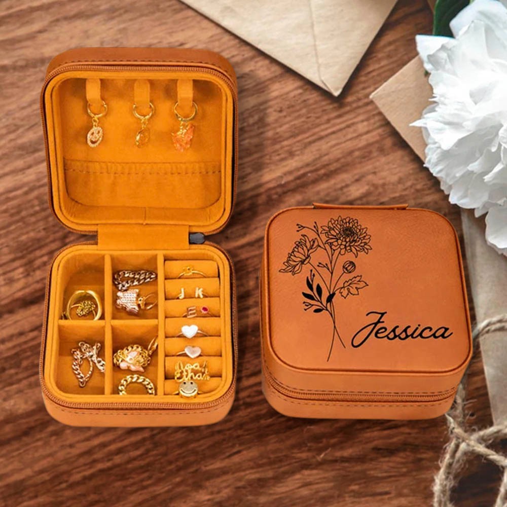 Birth Flower Jewelry Travel Case, Personalized Birthday Gift, Custom
