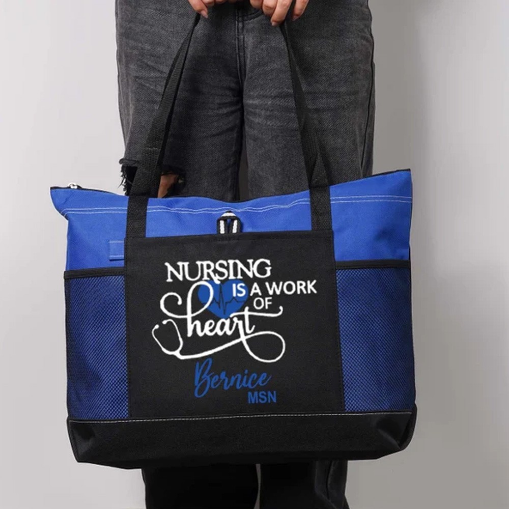 thumbnail image 2 of Personalized Nursing Tote Bag - RN, CNA, LPN, MD, BSN - Medical EKG Design With Embroidery 2 of 6