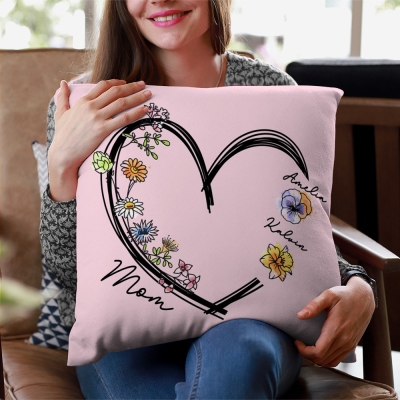 Personalized Name & Birth Flowers Heart Throw Pillow, Pillowcase with Optional Insert, Home Decor, Mother's Day/Birthday Gift for Mom/Grandma/Family