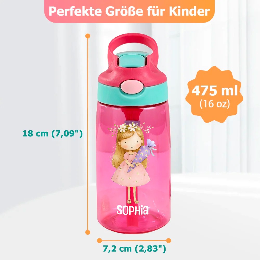 Personalisierte Kinder Wasserflasche 475 ml – BPA-frei, mit Strohhalm, Schultüte-Motiv, Verschiedene Farben und Figuren zur Auswahl, Mit Namensgravur, Schulanfang Geschenk für Jungen Mädchen