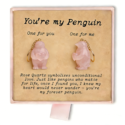 Personalized Initial Rose Quartz & Clear Quartz Penguin Keychains, Chakra 'Soulmate' Healing Crystal Set, Valentine's Day Gift for Him/Her/Couple