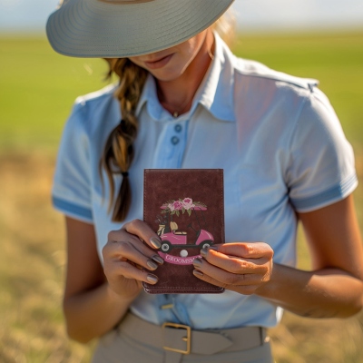 Custom Leather Golf Scorecard Holder, Golf Yardage Book Cover in Pink Rose Golf Cart Design, Golf Accessories, Gift for Female Golfer/Her/Bridesmaids