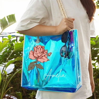 Custom Name Birth Flower Neon Color Tote Bag, Transparent PVC Beach Bag with Rope Handles, Bridal Shower Favor, Vacation/Birthday Gift for Women/Girls
