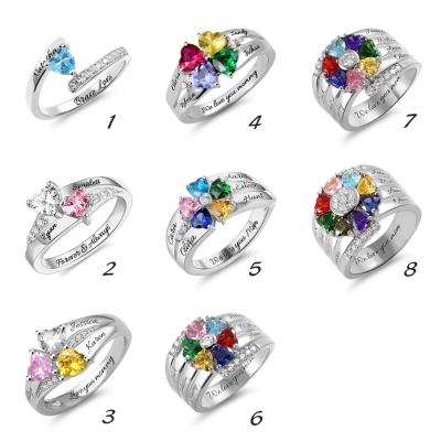 Personalized Heart Birthstone Ring With Engraving Silver