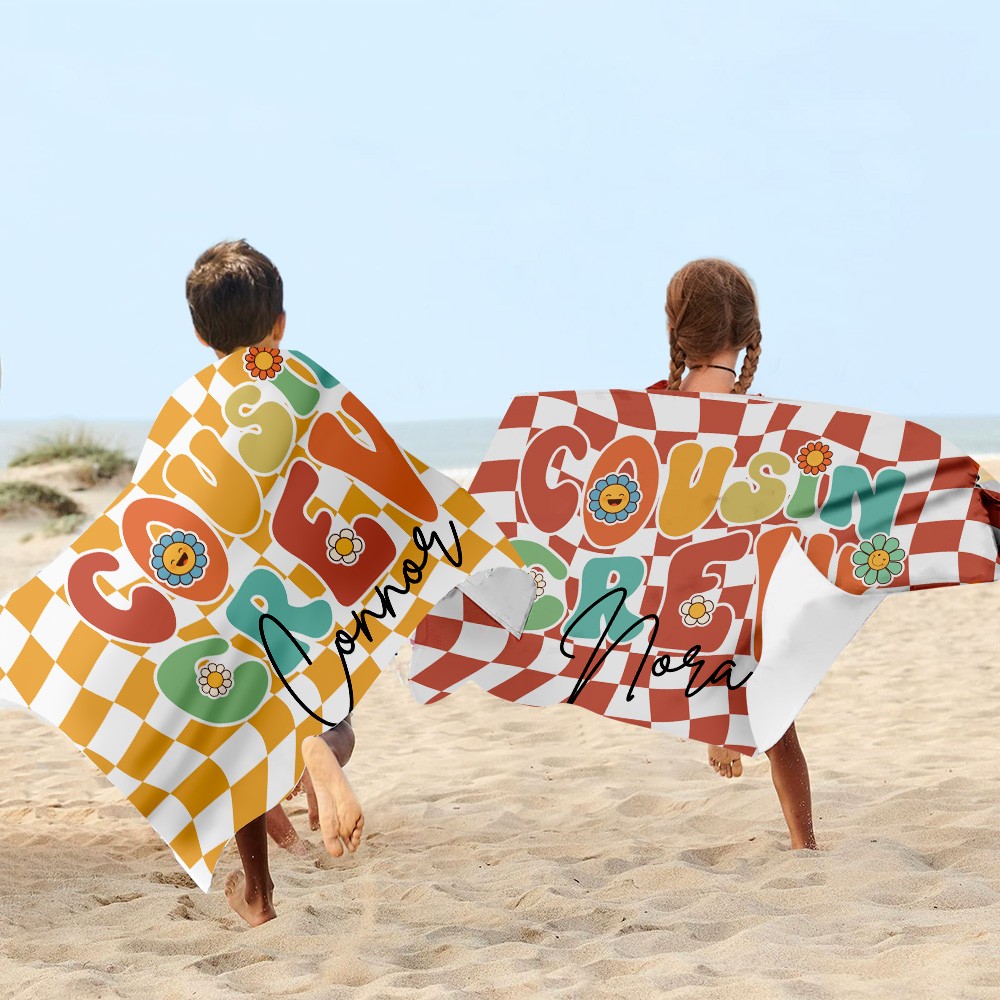 Personalized Name Cousin Crew Colorful Plaid Beach Towel, Perfect for Family Outings