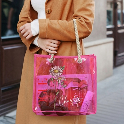 Custom Name Birth Flower Neon Color Tote Bag, Transparent PVC Beach Bag with Rope Handles, Bridal Shower Favor, Vacation/Birthday Gift for Women/Girls