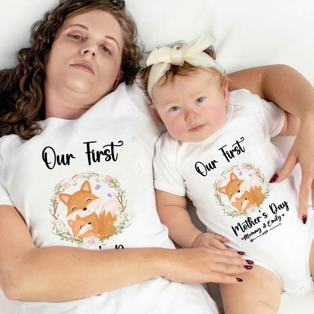 Our First Mother's Day Mom and Baby Set/Matching Shirt, Mummy and Baby Gift, Mama Baby Foxes, T-shirt Bodysuit Romper Babygrow Vest Set, New Mom Gift, Mother's Day Gift