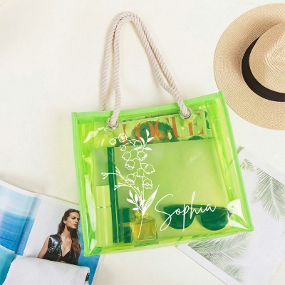 Custom Name Birth Flower Neon Color Tote Bag, Transparent PVC Beach Bag with Rope Handles, Bridal Shower Favor, Vacation/Birthday Gift for Women/Girls