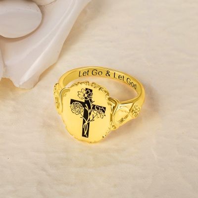 Custom Engraved Cross Signet Ring with Birth Flower Bouquet，Let Go and Let God Ring, Baptism Faith Jewelry, Easter/Christian Gift for Mom/Women