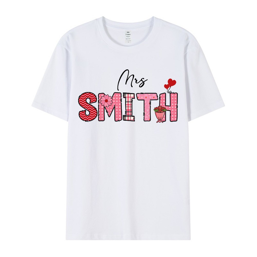 Customizable Name Teacher Valentine's Day T-Shirt and Sweatshirt, Personalized Love Heart Design Apparel for Educators, Cozy Gift for Teachers