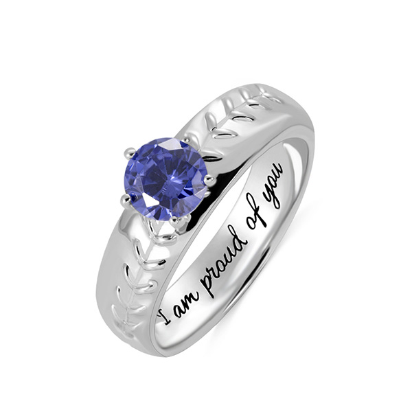Engraved Baseball Solitaire Birthstone Ring in Silver